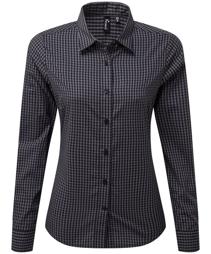 Premier PR352 Women's Maxton check long sleeve shirt in Steel/Black