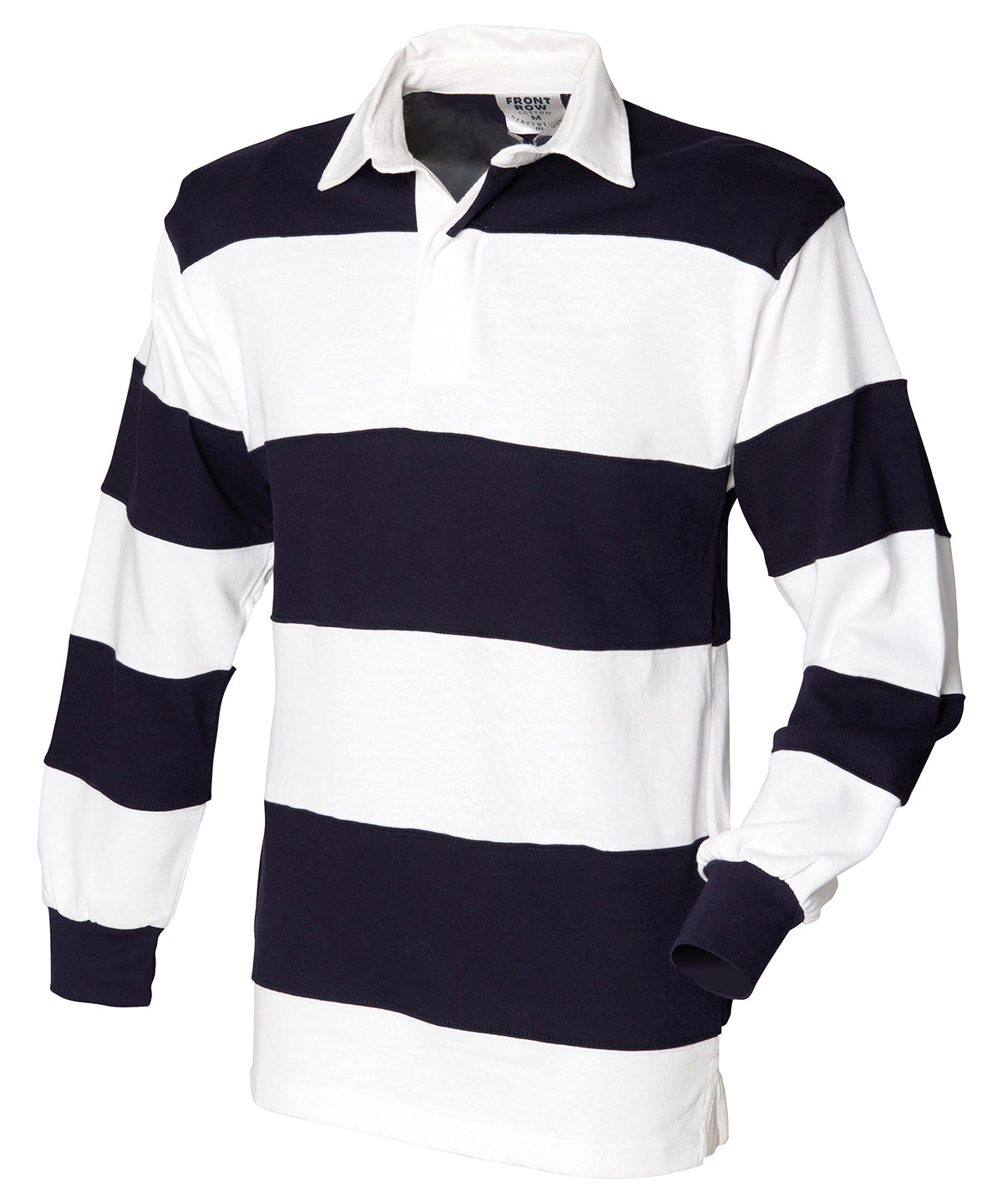 Front Row FR08M Sewn stripe long sleeve rugby shirt in White & Navy (White collar)