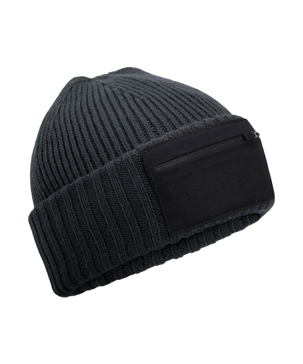 Beechfield B334R Zip patch beanie in Graphite Grey/Black
