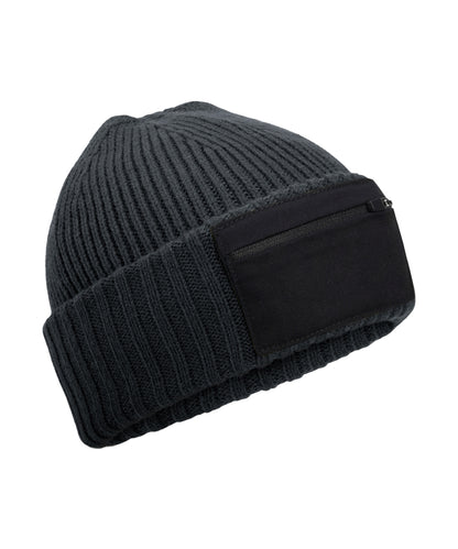 Beechfield B334R Zip patch beanie in Graphite Grey/Black