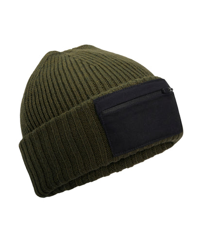 Beechfield B334R Zip patch beanie in Military Green/Black