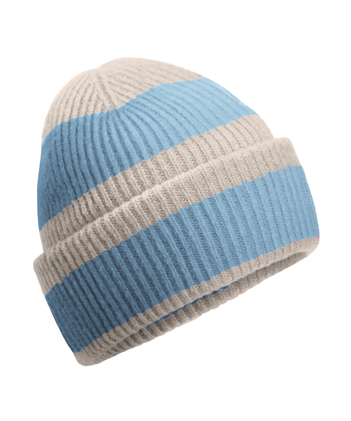 Beechfield B391R Colour block beanie in Natural Stone/Dusty Blue