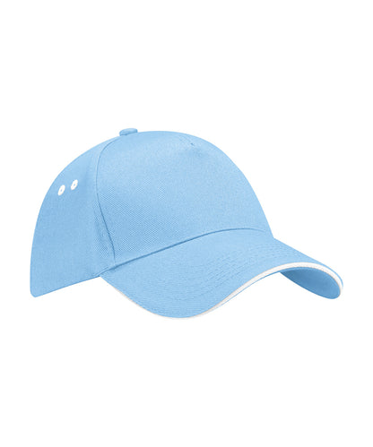 Beechfield BC15C Ultimate 5-panel cap - sandwich peak in Sky Blue/White