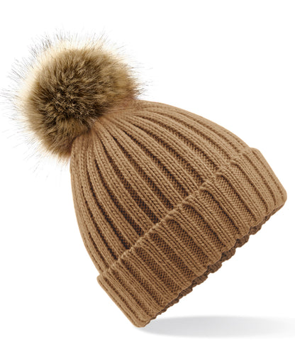 Beechfield BC412 Fur pop pom chunky beanie in Biscuit