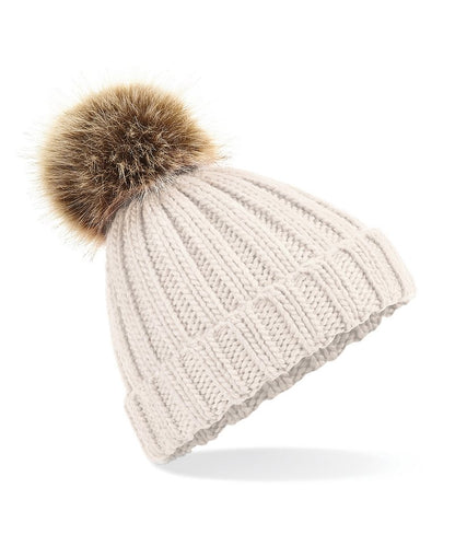 Beechfield BC412 Fur pop pom chunky beanie in Oatmeal