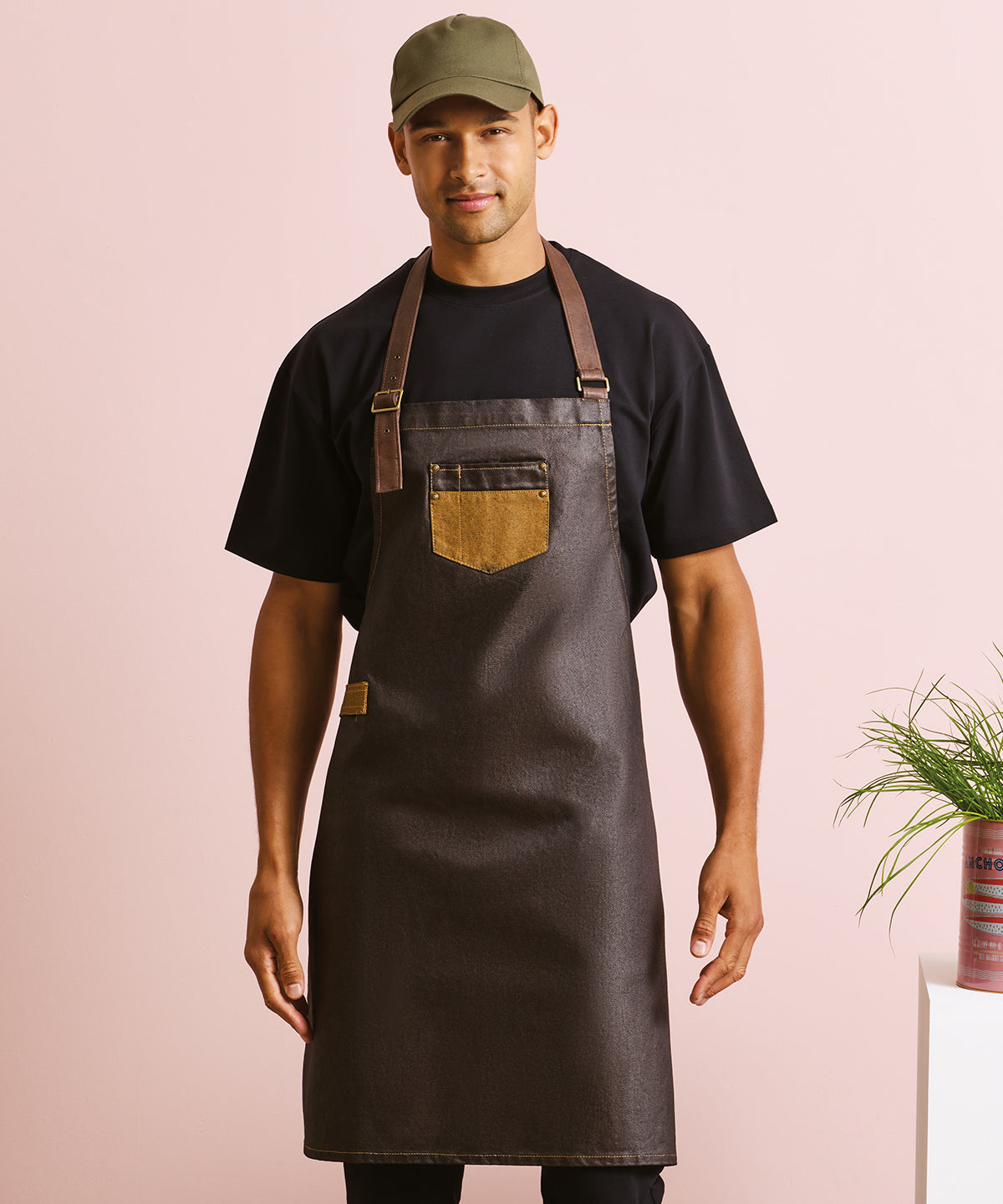 Premier PR136 Division waxed-look denim bib apron with faux leather