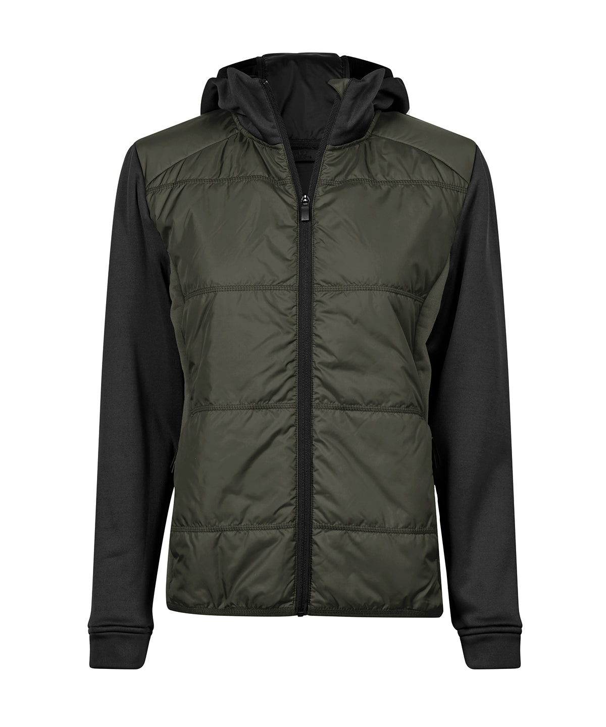Tee Jays TJ084 Women’s hybrid-stretch hooded jacket (9113) in Deep Green/Black