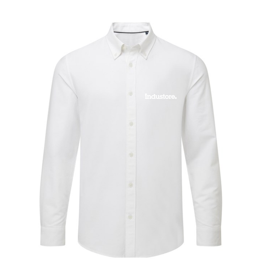 All White Embroidered Logo Men’s cotton long sleeve Oxford shirt- industore.